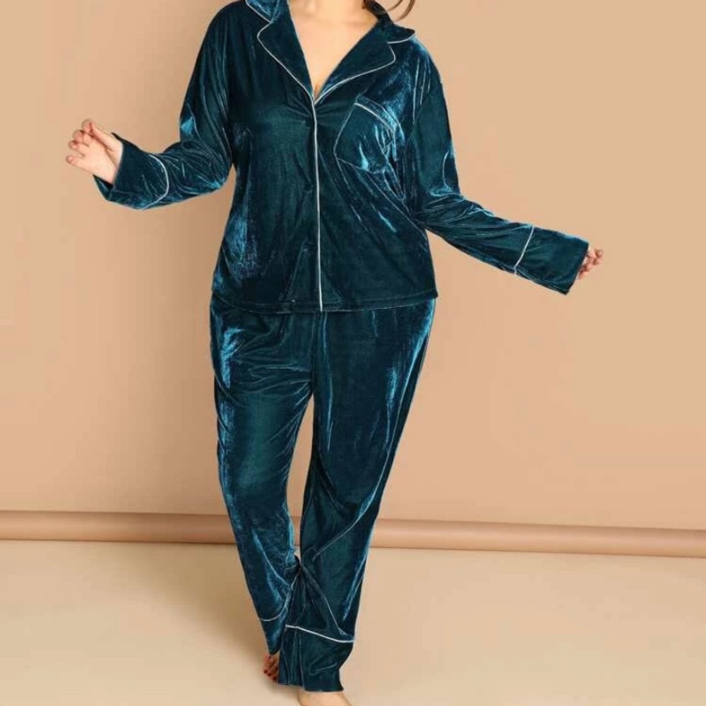 Velvet blouse and pants PJ Set pocket contrast